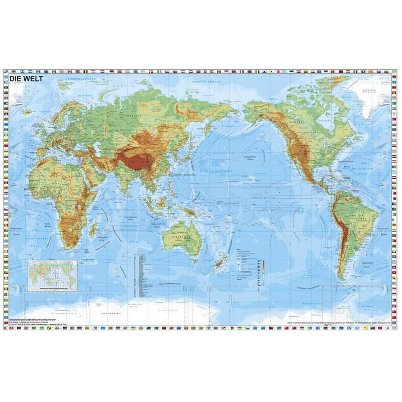 Stiefel Weltkarte physisch pazifikzentriert mit Flaggenrand (98 x 68 cm)