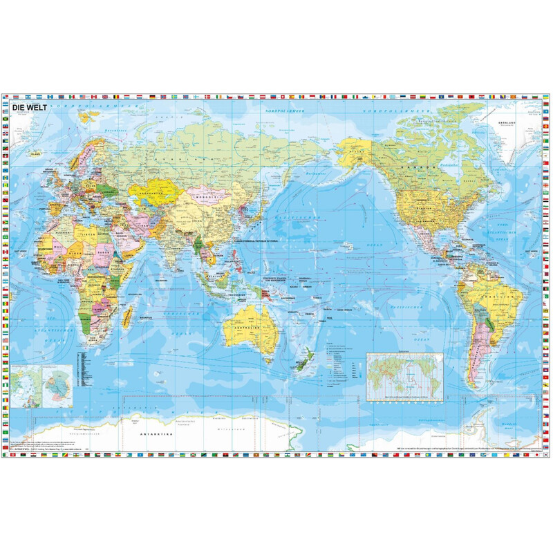 Stiefel Weltkarte politisch pazifikzentriert mit Flaggenrand (98 x 68 cm)