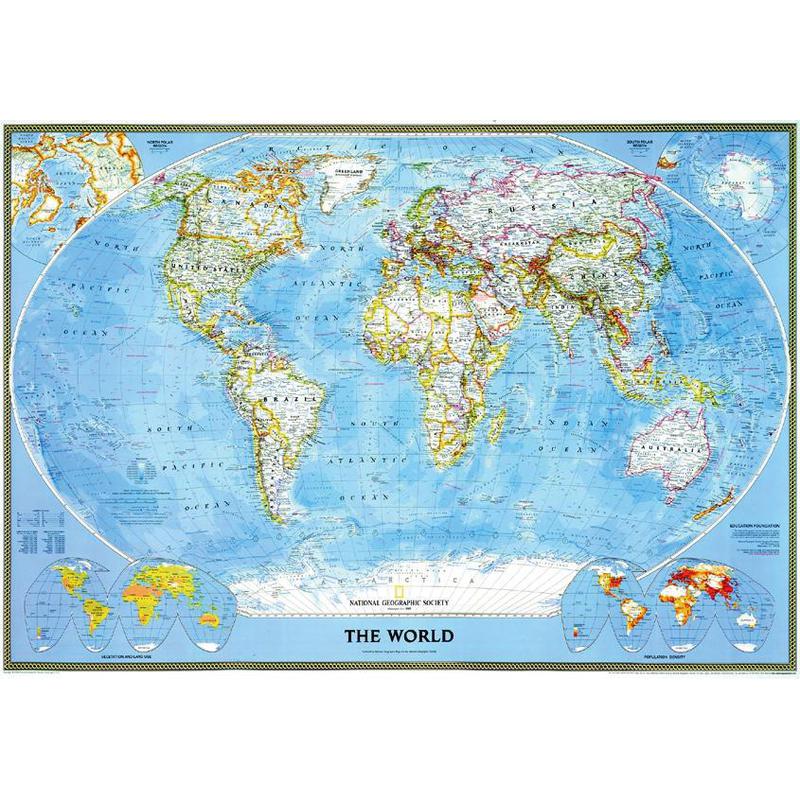 Mappemonde National Geographic Classic political world map, for pinning, framed (silver)