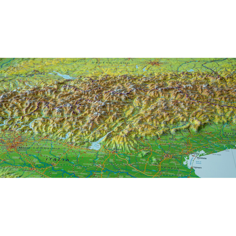 Georelief L'Arc Alpin grand format, carte géographique en relief 3D avec cadre en bois