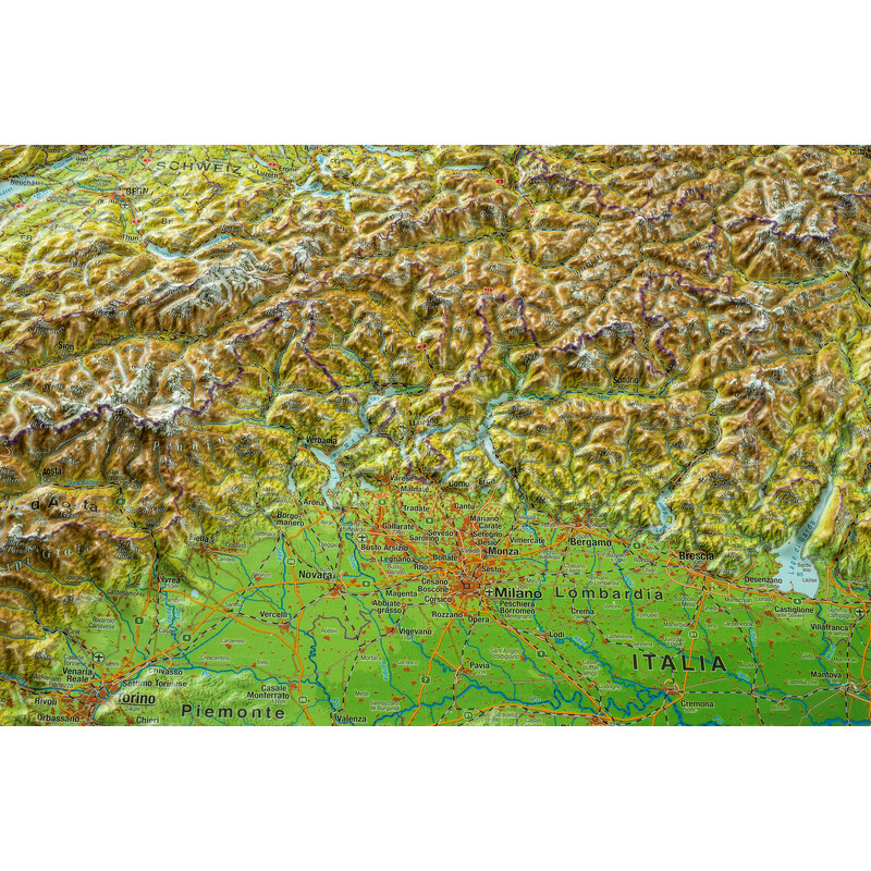 Georelief L'Arc Alpin grand format, carte géographique en relief 3D avec cadre en bois