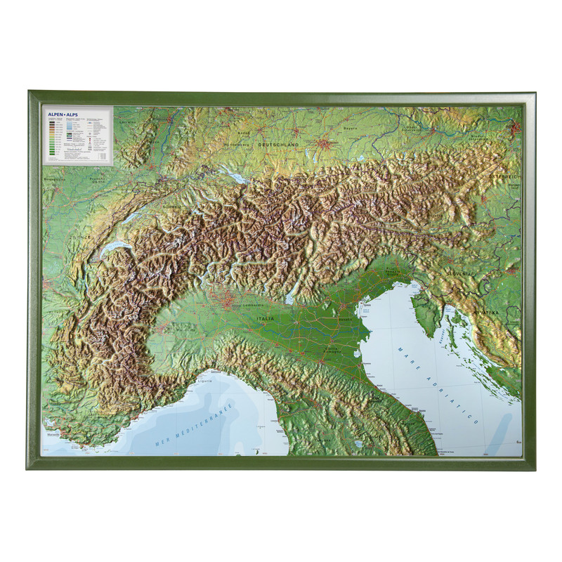 Georelief L'Arc Alpin grand format, carte géographique en relief 3D avec cadre en bois