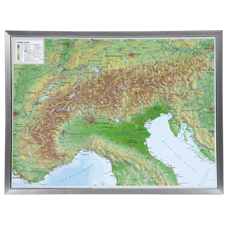 Georelief L'Arc Alpin grand format, carte géographique en relief 3D avec cadre en aluminium