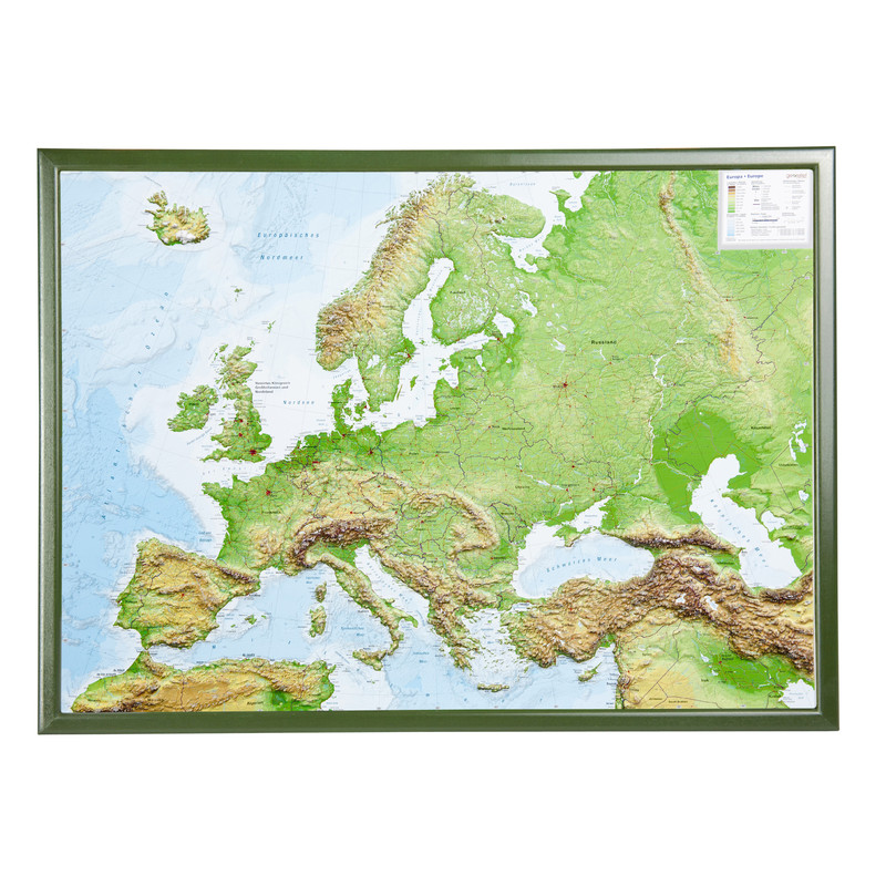 Georelief L'Europe grand format, carte en relief 3D avec cadre en bois