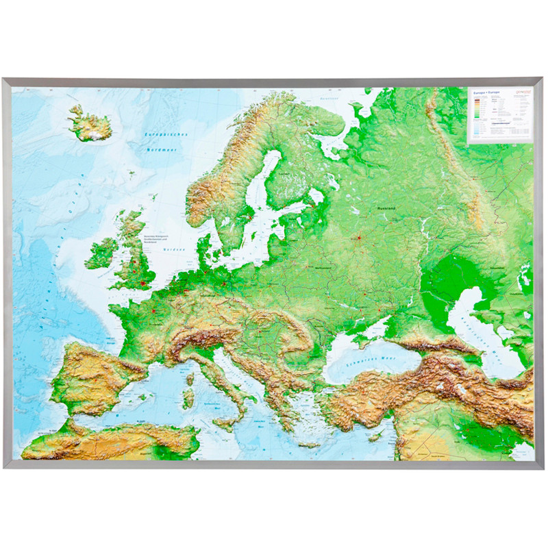 Georelief L'Europe grand format, carte géographique en relief 3D avec cadre en aluminium