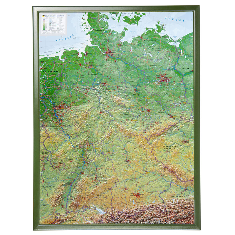 Georelief L'Allemagne grand format, carte géographique en relief 3D avec cadre en bois