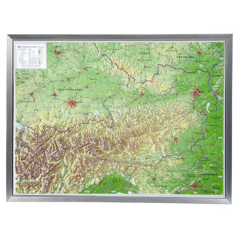 Georelief L'Autriche grand format, carte géographique en relief 3D avec cadre en aluminium