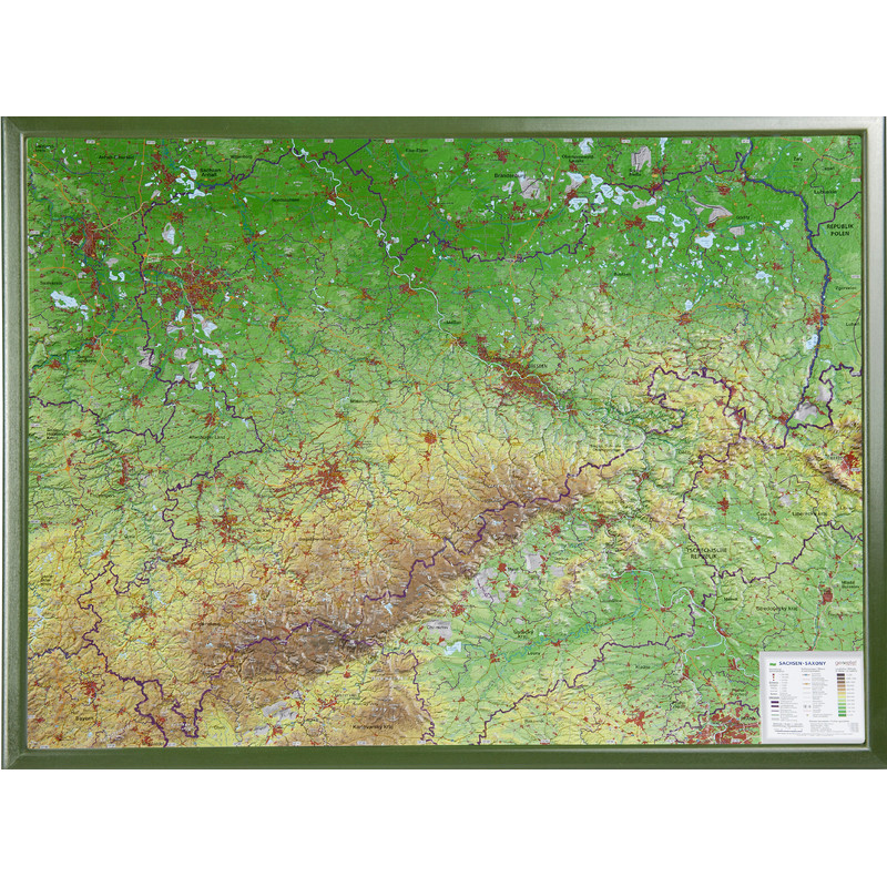 Georelief La Saxe grand format, carte géographique en relief 3D avec cadre en bois