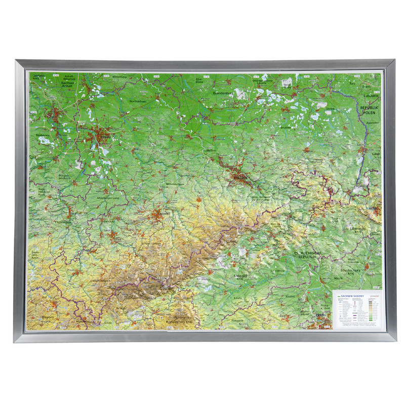 Georelief La Saxe grand format, carte géographique en relief 3D avec cadre en aluminium