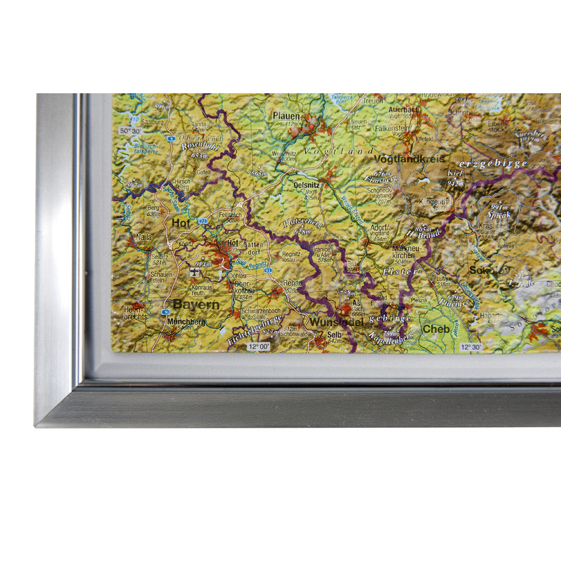 Georelief Regional-Karte Sachsen groß, 3D Reliefkarte mit Alu-Rahmen