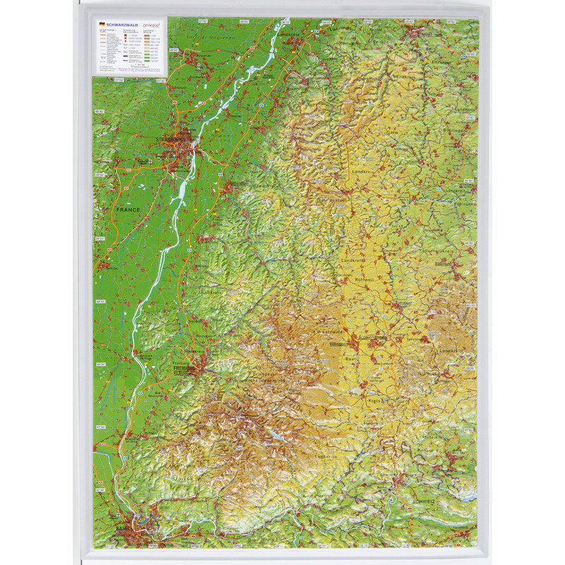 Georelief La Forêt Noire petit format, carte géographique en relief 3D