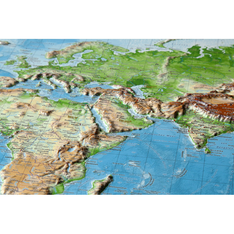Mappemonde Georelief Le Monde grand format, carte mondiale géographique en relief 3D avec cadre en aluminium