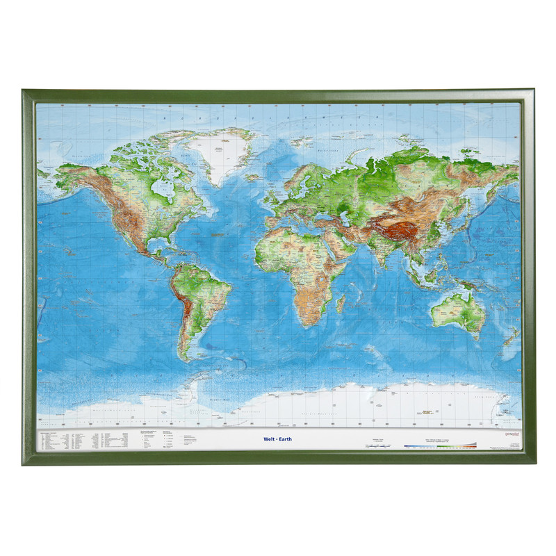 Mappemonde Georelief Carte mondiale grand format, en relief 3D avec cadre en bois