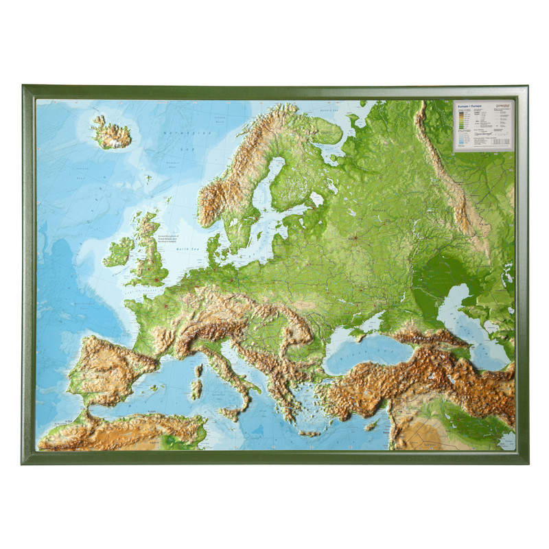 Georelief Carte relief 3D géographique de l'Europe, grand format, avec cadre en bois, ANGLAIS