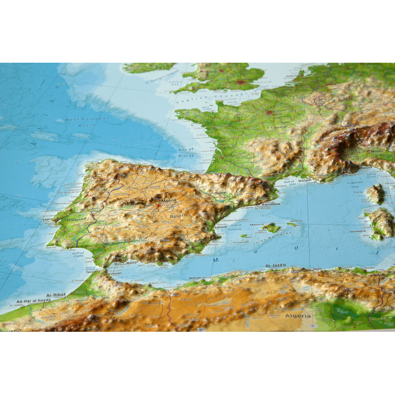 Georelief Kontinentkarte Europa groß, 3D Reliefkarte mit Holzrahmen, ENGLISCH