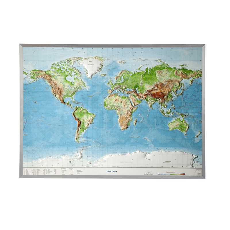 Mappemonde Georelief Carte relief 3D géographique du Monde, grand format avec cadre en aluminium