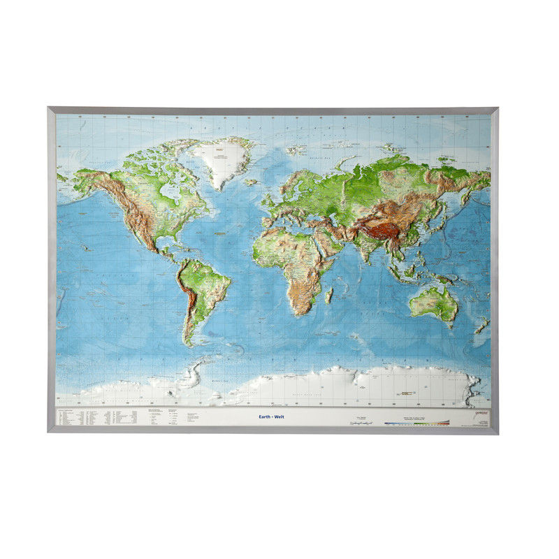 Mappemonde Georelief Carte relief 3D géographique du Monde, grand format avec cadre en aluminium