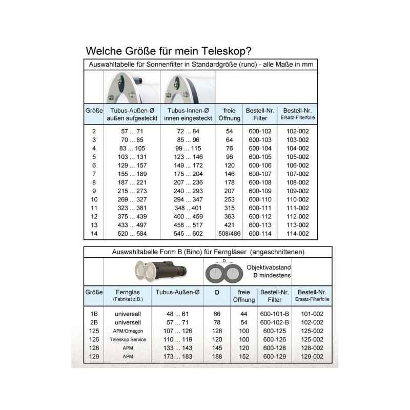 Filtres solaires euro EMC SF100 taille 2B : 57 mm à 71 mm AstroSolar