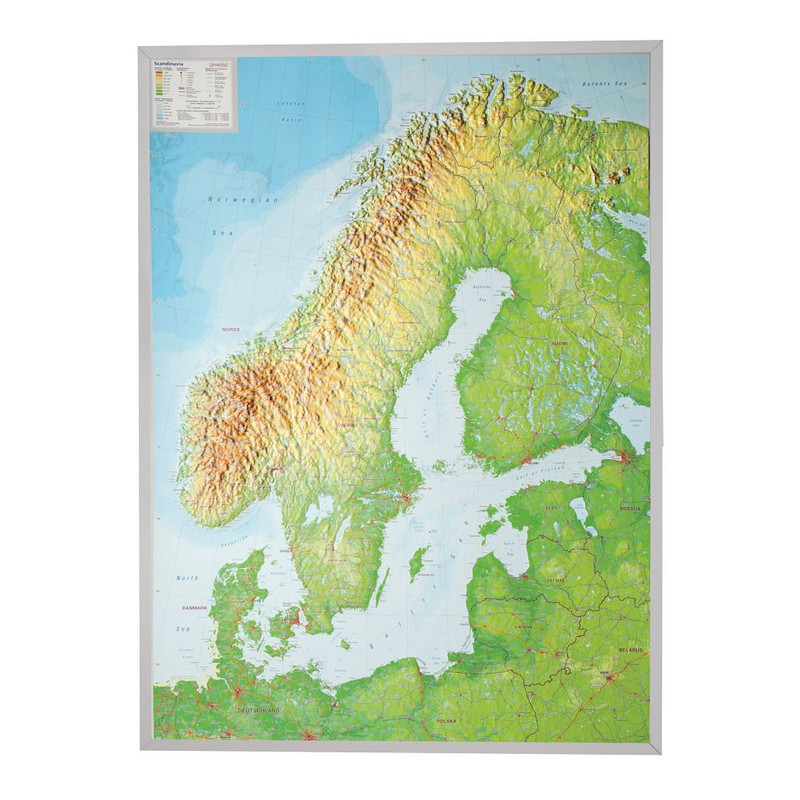Georelief Grande carte en relief 3D de la Scandinavie avec cadre en plastique argenté