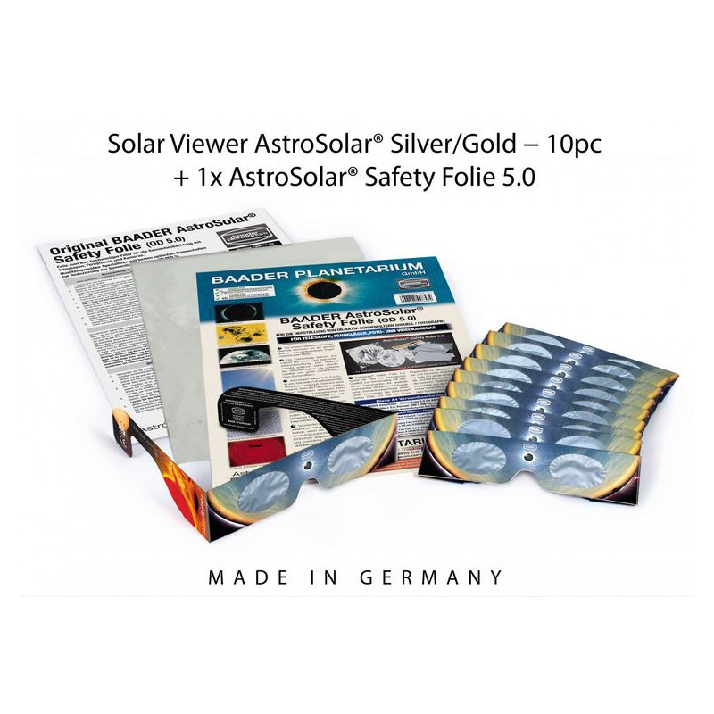 Baader Kit de filtres solaires : 10 paires de lunettes AstroSolar® Silver/Gold et 1 feuille AstroSolar