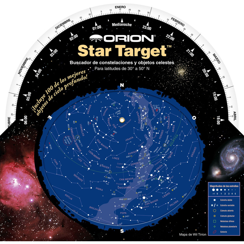 Carte du ciel Orion Star Target para latitudes de 30° a 50° N