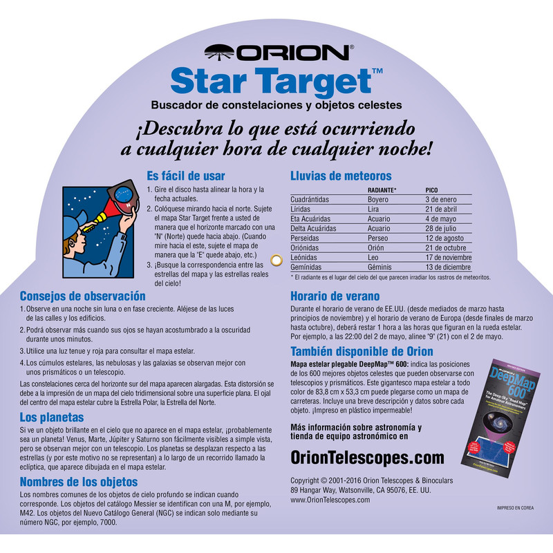 Carte du ciel Orion Star Target para latitudes de 30° a 50° N