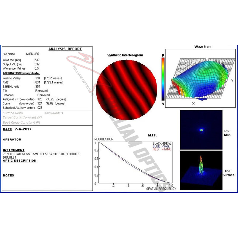 Lunette apochromatique William Optics AP 61/360 ZenithStar 61 Blue OTA + Case