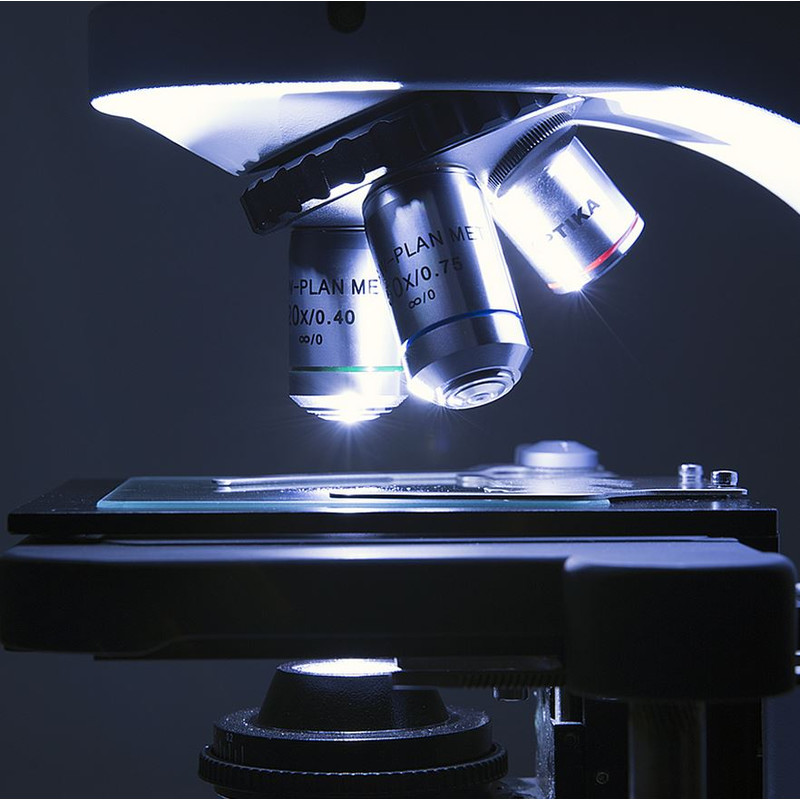 Microscope Optika B-510-2F, discussion, trino, 2-head (face-to-face), IOS W-PLAN, 40x-1000x, EU