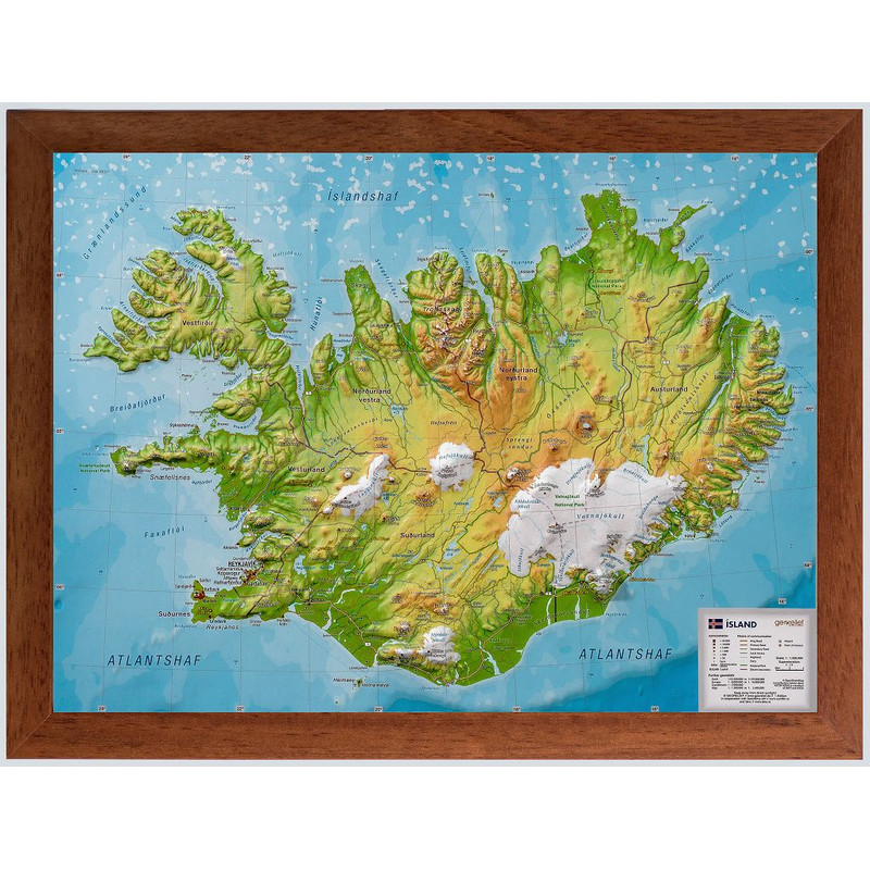 Carte géographique Georelief Island (klein) mit Holzrahmen, 3D Reliefkarte