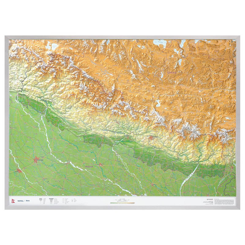 Carte régionale Georelief Nepal groß 3D mit Aluminiumrahmen