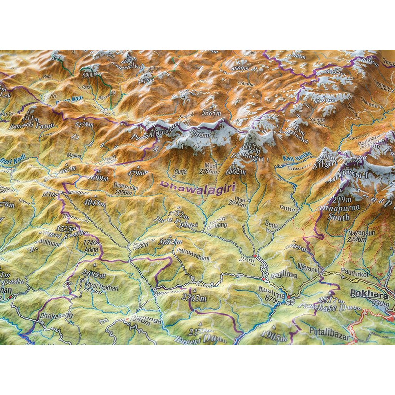 Carte régionale Georelief Nepal groß 3D mit Aluminiumrahmen