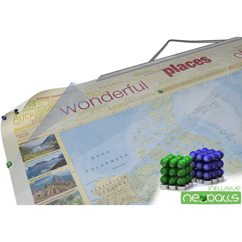 Mappemonde Bacher Verlag World map for your journeys "Places of my life" large including NEOBALLS