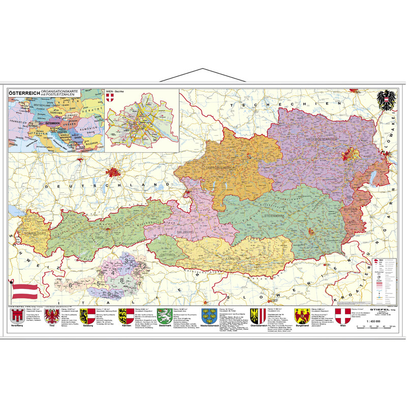 Carte géographique Stiefel PLZ- & Organisationskarte Österreich politisch (137 x 89 cm)