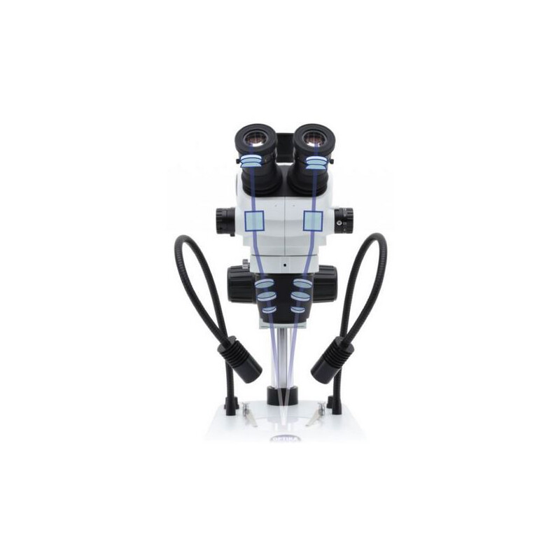 Microscope stéréo zoom Optika SZO-3, binoculaire, 6,7-45x, Statif à colonne, Lumière incidente, Lumière transmise
