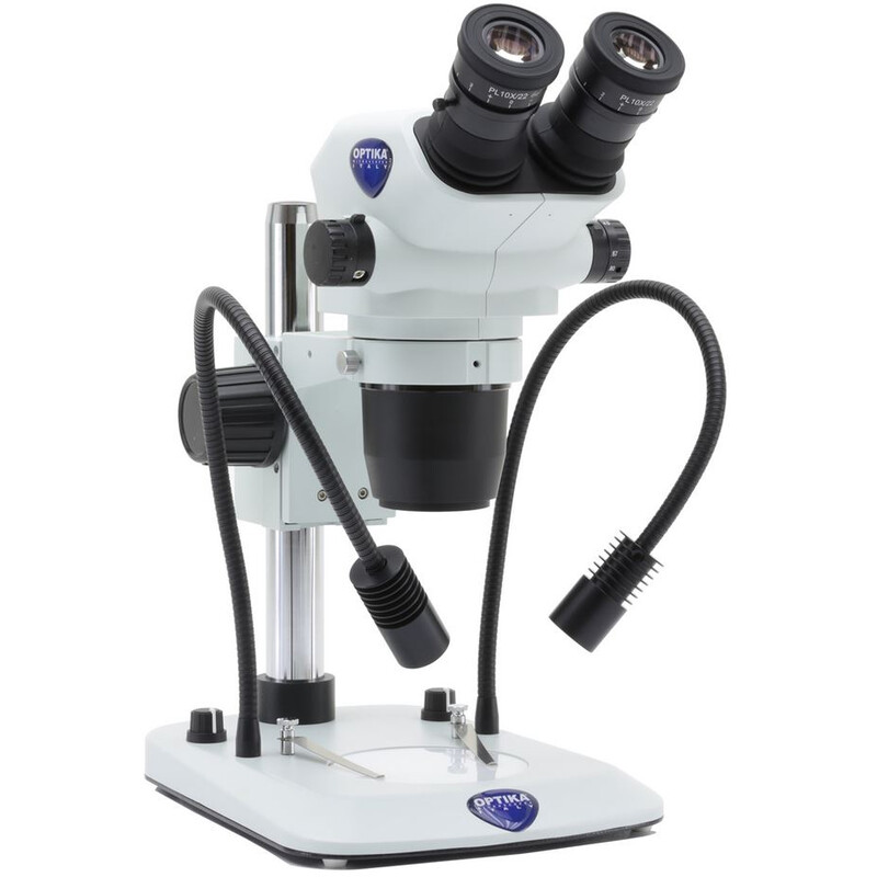 Optika Zoom-Stereomikroskop SZO-5 , bino, 6.7-45x, Säulenstativ, Auf-, Durchlicht, Doppelspot