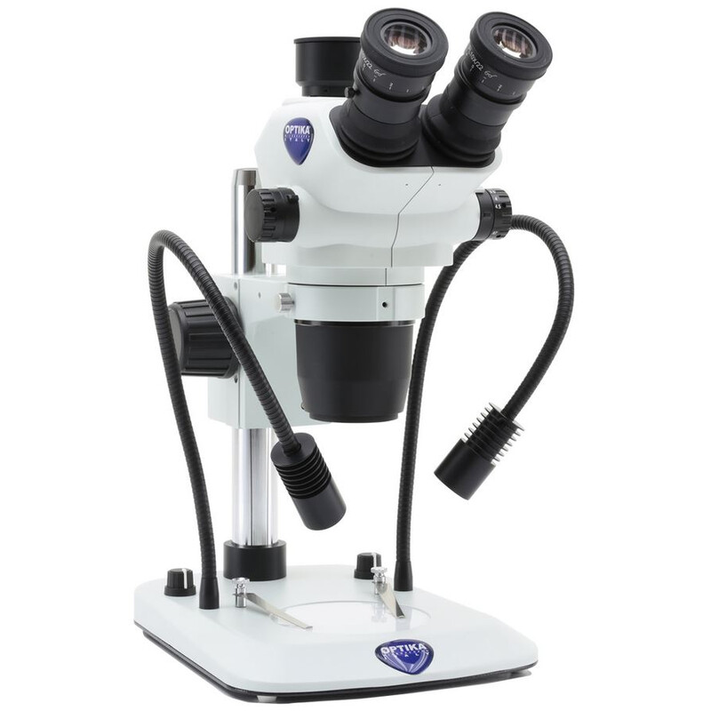 Microscope stéréo zoom Optika SZO-6 , trino, 6.7-45x, Säulenstativ, Auf-, Durchlicht, Doppelspot