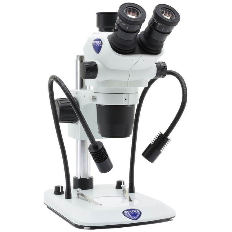Microscope stéréo zoom Optika SZO-6 , trino, 6.7-45x, Statif à colonne, Lumière réfléchie, Lumière transmise, double spot