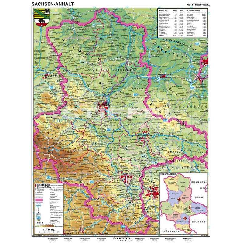 Carte régionale Stiefel Sachsen-Anhalt physisch