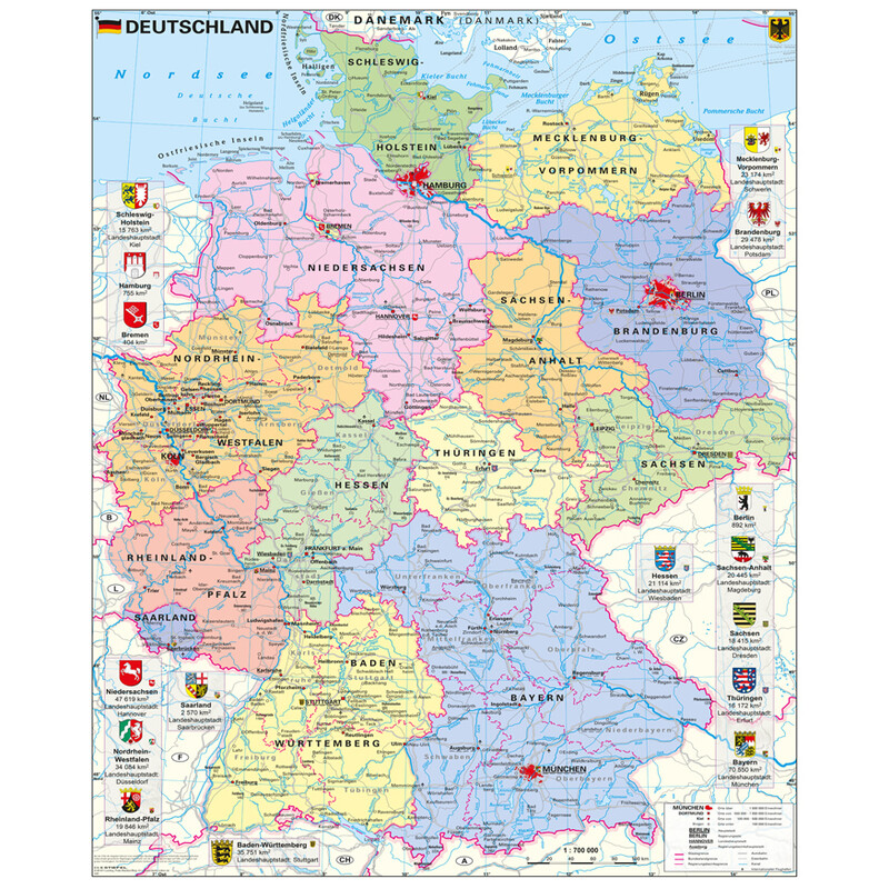 Carte géographique Stiefel Deutschland politisch mit Wappen (97 x 119 cm)