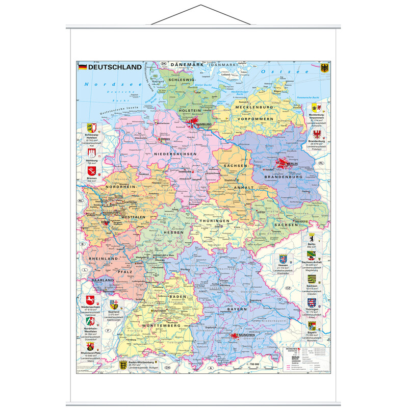 Carte géographique Stiefel Deutschland politisch mit Wappen (97 x 119 cm)
