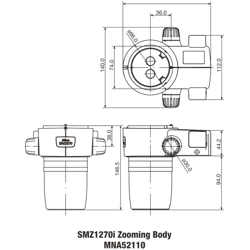 Nikon Stereokopf SMZ-1270i Stereo Zoom Head, trino, 6.3-80x, click stop, ratio 12.7:1, 64 mm, 0-30°, WD 70 mm