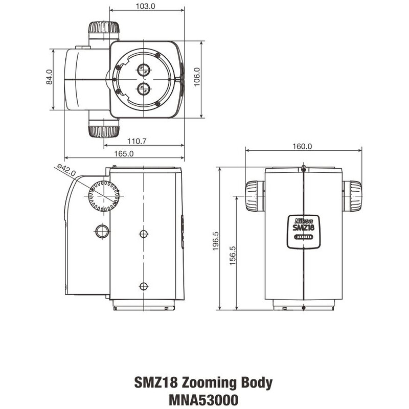 Nikon Stereokopf SMZ18, manual , parallel optics, achromate, Zoom Head, bino, 7.5-135x, click stop, ratio 18:1, 15°