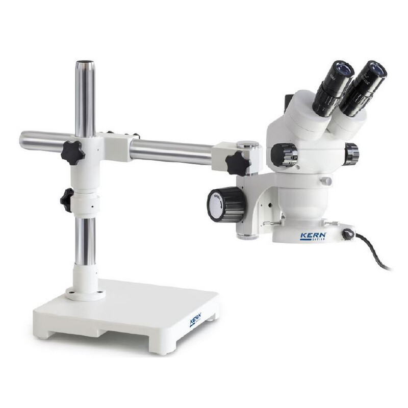 Microscope stéréo zoom Kern OZM 903, trino, 7x-45x, HSWF10x23mm, Trépied, Un bras (430 mm x 385 mm) avec plateau de table, Lampes annulaires LED 4,5 W