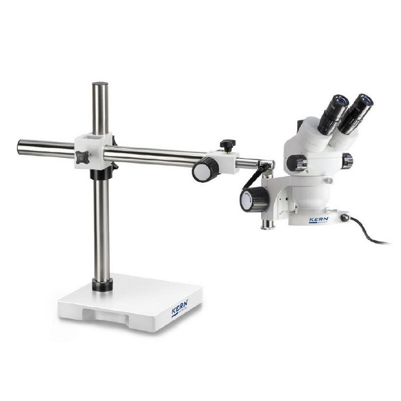 Microscope stéréo zoom Kern OZM 913, trino, 7x-45x, HSWF 10x23 mm, Trépied, Un bras (515 mm x 614 mm) avec plateau de table, Lampes annulaires LED 4,5 W