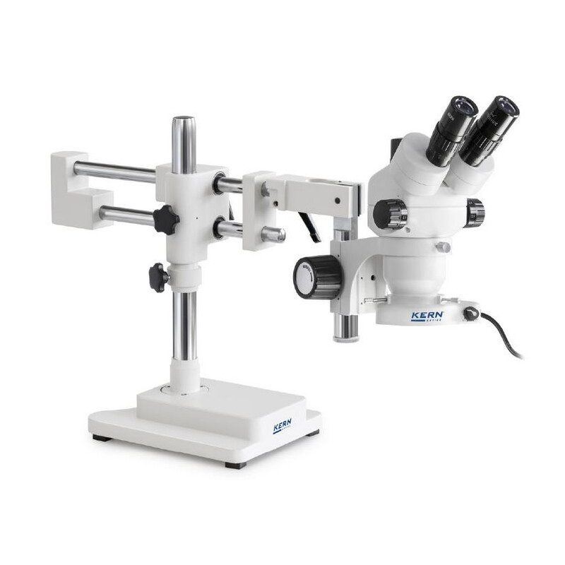 Microscope stéréo zoom Kern OZM 923, trino, 7-45x, HSWF 10x23 mm, Trépied à double bras, 430x480mm, avec plateau de table, Lampes annulaires LED 4,5 W