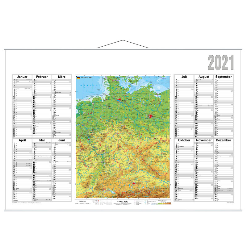 Carte géographique Stiefel Planificateur annuel 2021 Allemagne physique