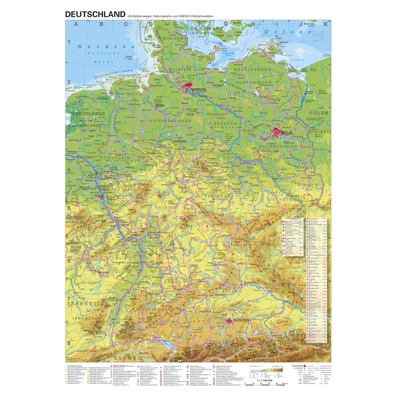 Carte géographique Stiefel Pistes cyclables longue distance en Allemagne (68x98)