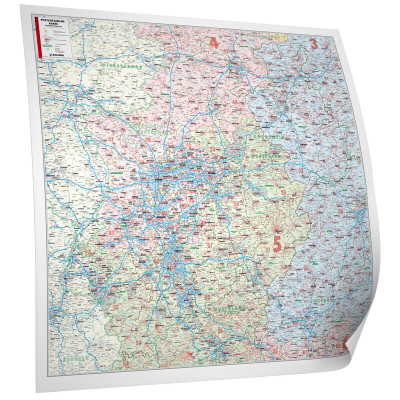 Carte régionale Bacher Verlag Rhénanie du Nord-Westphalie avec codes postaux (152 x 150 cm)