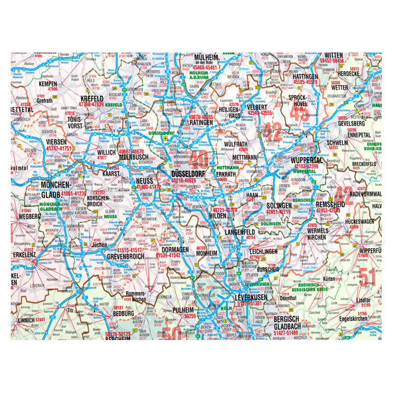Carte régionale Bacher Verlag Rhénanie du Nord-Westphalie avec codes postaux (152 x 150 cm)