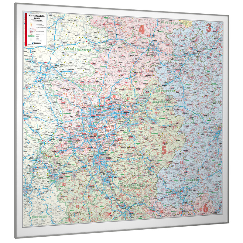 Carte régionale Bacher Verlag Rhénanie du Nord-Westphalie avec codes postaux (152 x 150 cm)